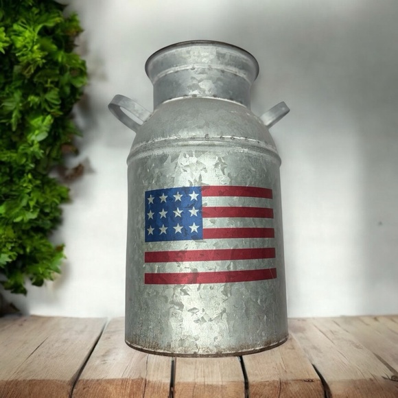 Rare Unique Vintage Style Galvanized Milk Can With American Flag 8.75” X… - Picture 1 of 13